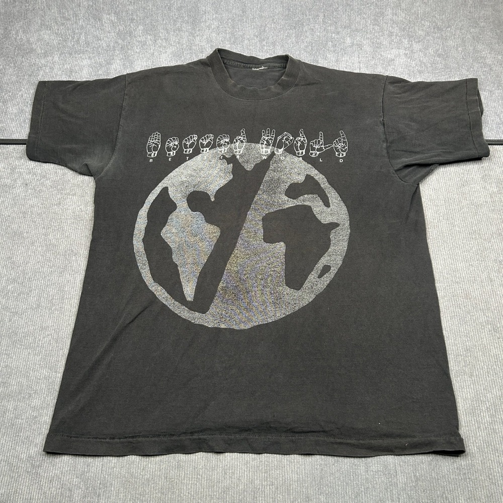 Better World ASL Sign Language Graphic T-Shirt Black Vintage Style XL